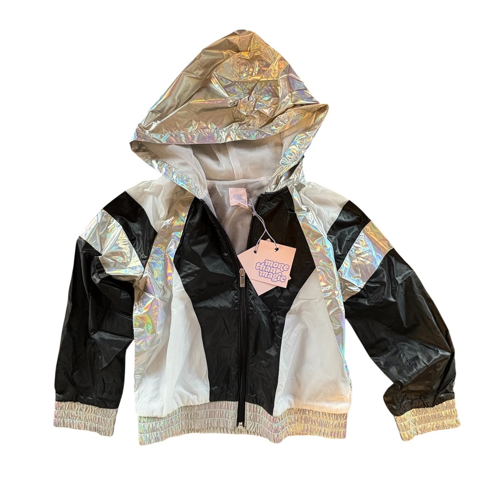 More Than Magic Girls Iridescent Colorblock Windbreaker Jacket Blk‎ White S 6/6X